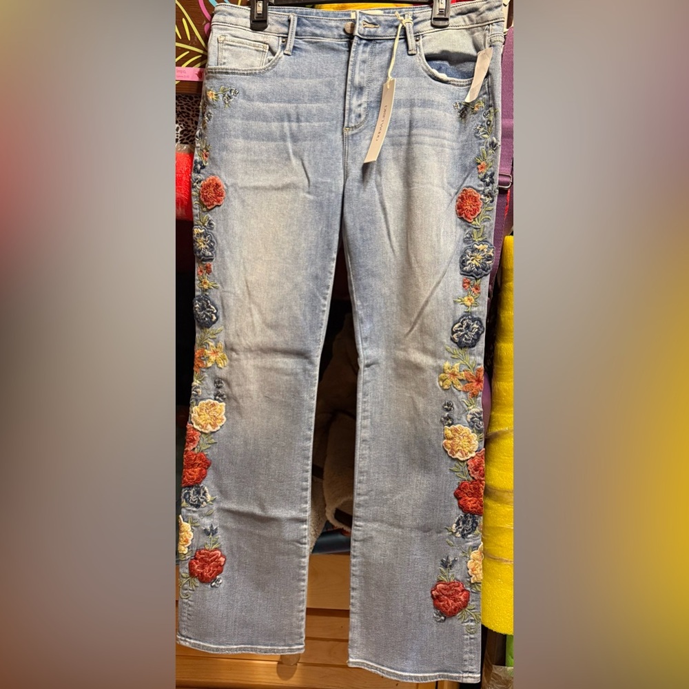 DRIFTWOOD Blue Jeans with Colorful Floral Embroidery